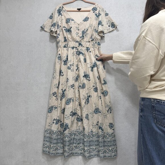 Torrid Dress Womens 1 Cream Blue Floral Boho Maxi V Neck Short Sleeve Plus Size - Picture 2 of 10